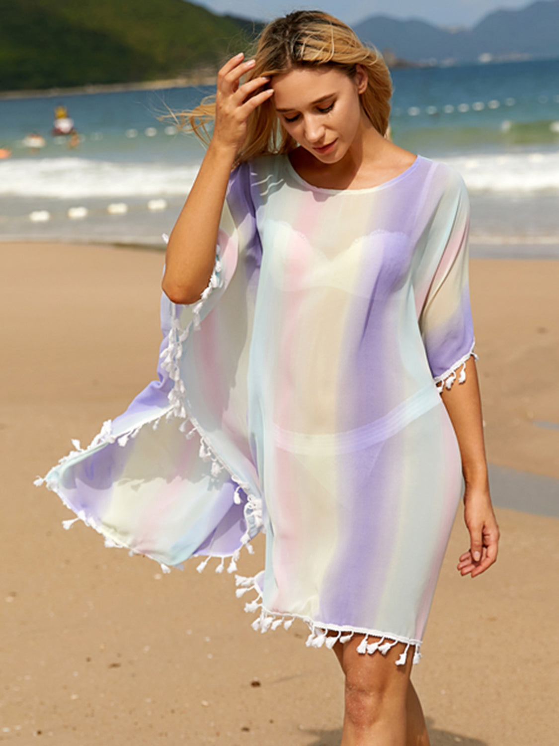 Tassel Boat Neck Half Sleeve Cover Up-TOPS / DRESSES-[Adult]-[Female]-Multi-Color-One Size-2022 Online Blue Zone Planet