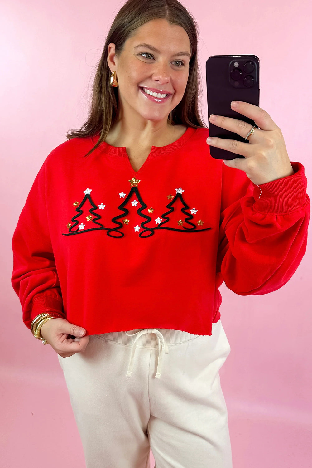 Tomato Red Christmas Tree Embroidered Notched Neck Cropped Sweatshirt-Tops/Sweatshirts & Hoodies-[Adult]-[Female]-2022 Online Blue Zone Planet