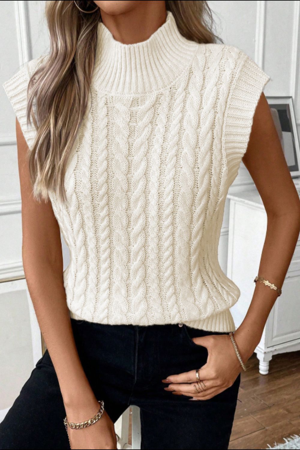 Cable Knit Turtleneck Sweater Vest-TOPS / DRESSES-[Adult]-[Female]-2022 Online Blue Zone Planet