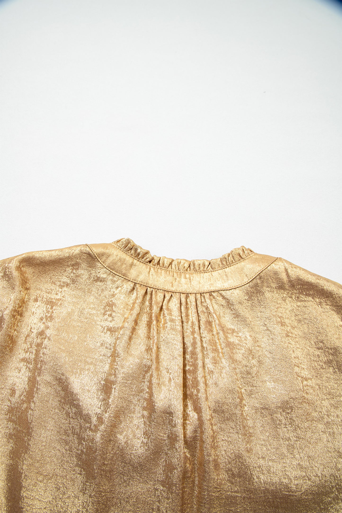 Gold Metallic Sheen V Neck Gathered Cuff Long Sleeve Blouse-Tops/Blouses & Shirts-[Adult]-[Female]-2022 Online Blue Zone Planet