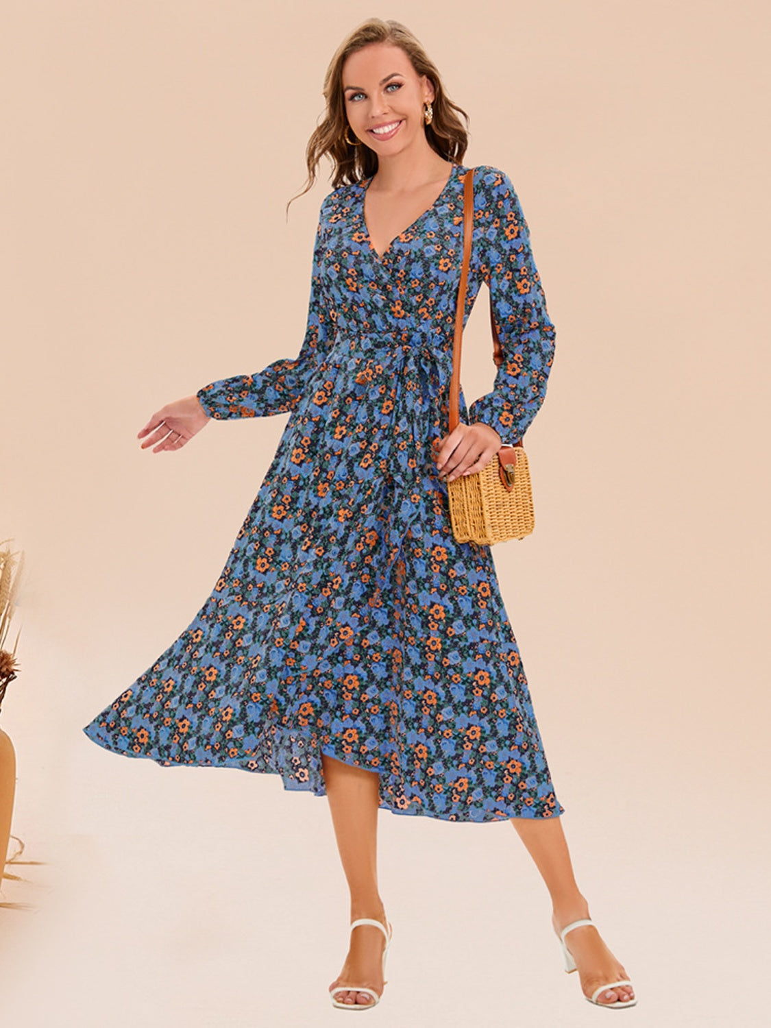 Full Size Printed Surplice Long Sleeve Dress BLUE ZONE PLANET