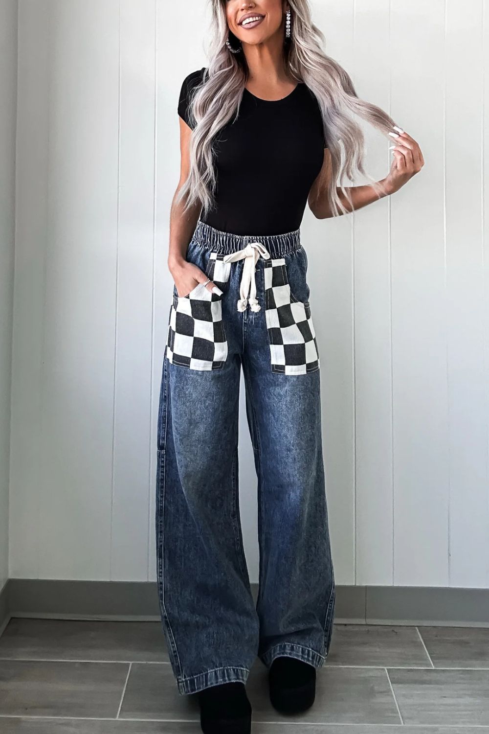 Checkered Wide Leg Jeans-BOTTOM SIZES SMALL MEDIUM LARGE-[Adult]-[Female]-2022 Online Blue Zone Planet