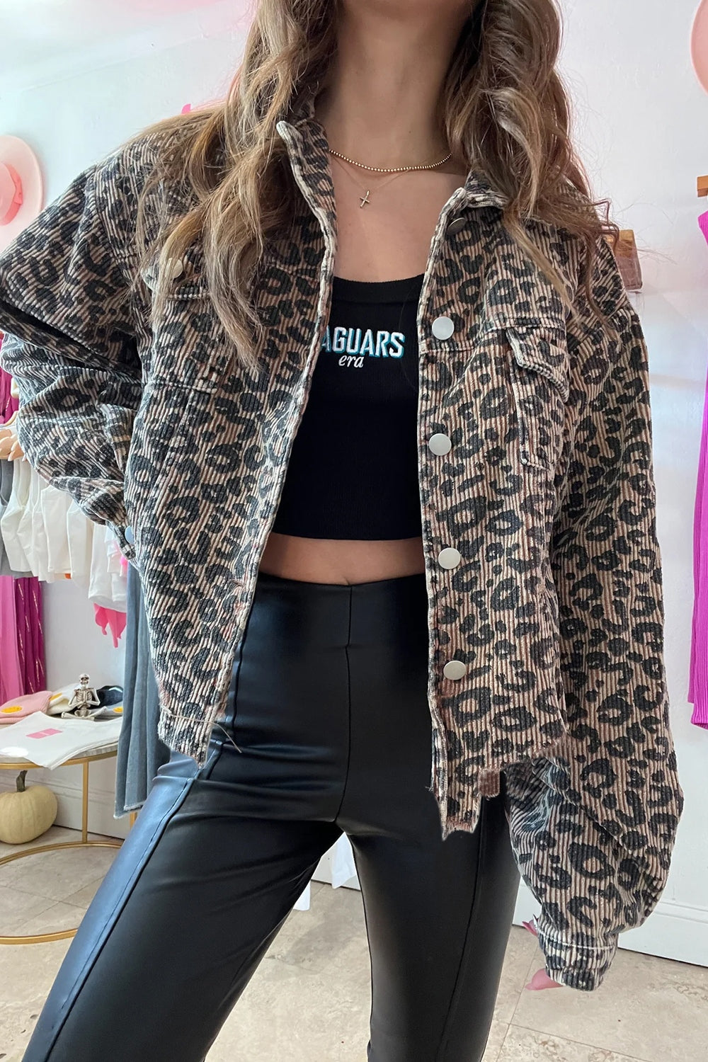 Asymmetrical Hem Collared Neck Leopard Jacket-TOPS / DRESSES-[Adult]-[Female]-2022 Online Blue Zone Planet