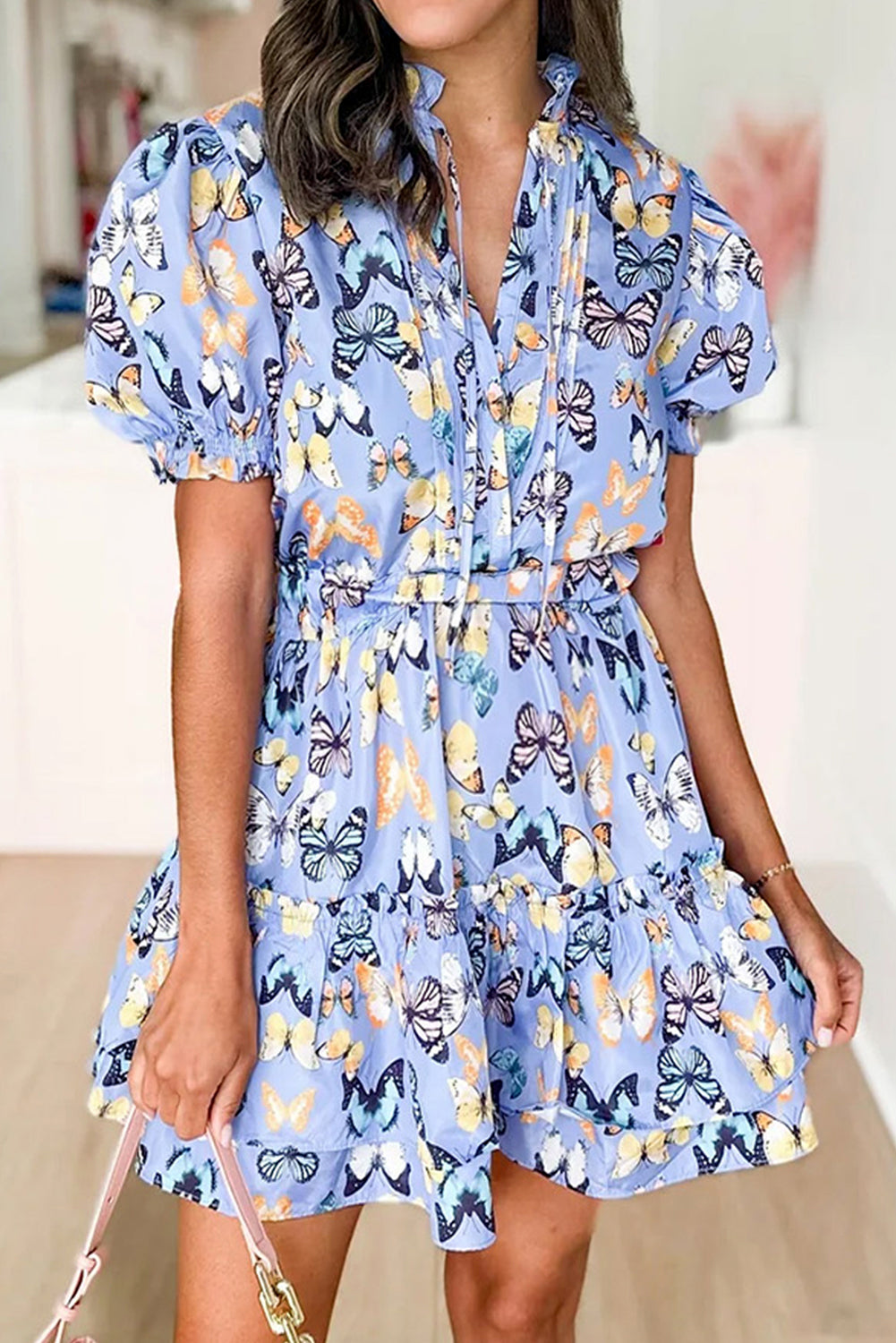 Blue Zone Planet | Purple Butterfly Print Short Puff Sleeve Pleated Ruffle Dress-TOPS / DRESSES-[Adult]-[Female]-Purple-S-2022 Online Blue Zone Planet