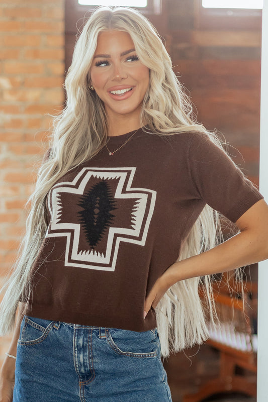 Brown Western Print Short Sleeve Knit Casual Sweater-Sweaters & Cardigans/Short Sleeve Sweaters-[Adult]-[Female]-Brown-S-2022 Online Blue Zone Planet
