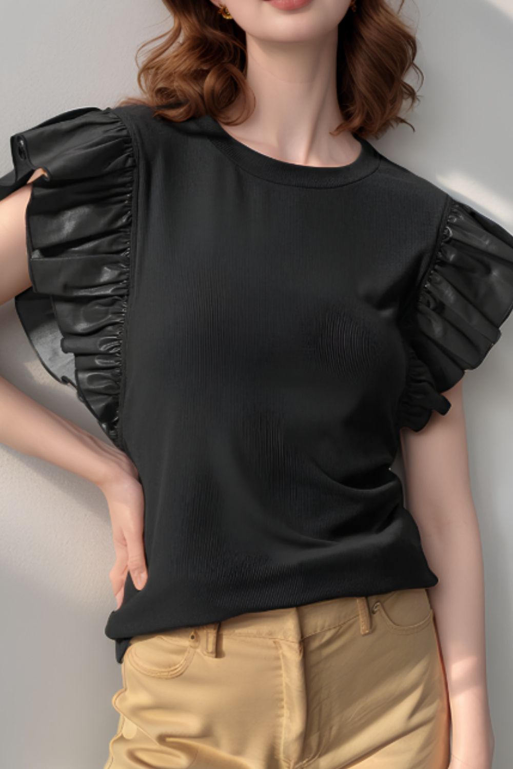 Ruffled Round Neck Cap Sleeve Blouse-TOPS / DRESSES-[Adult]-[Female]-Black-S-2022 Online Blue Zone Planet