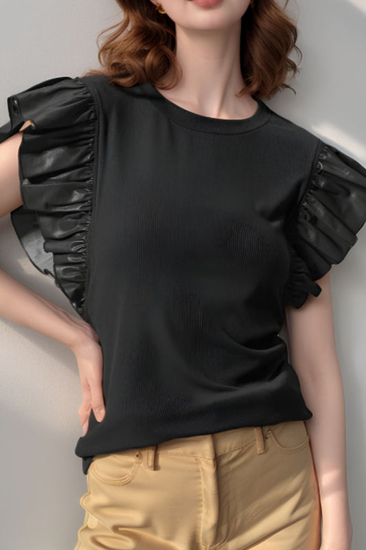 Ruffled Round Neck Cap Sleeve Blouse-TOPS / DRESSES-[Adult]-[Female]-Black-S-2022 Online Blue Zone Planet