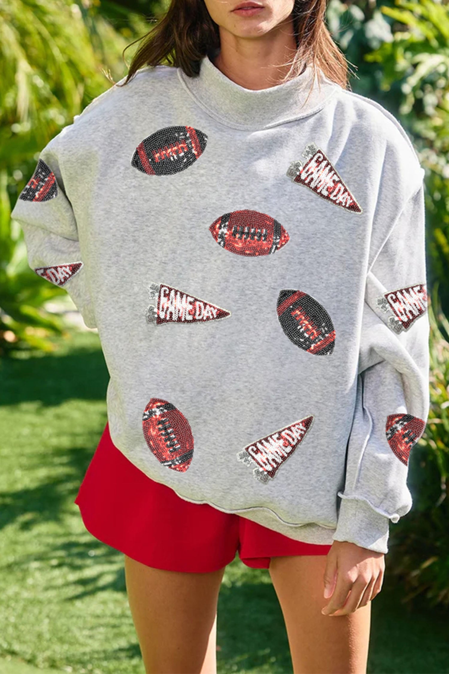 Light Grey Sequin Rugby Game Day High Neck Baggy Sweatshirt-Graphic/Graphic Sweatshirts-[Adult]-[Female]-Light Grey-S-2022 Online Blue Zone Planet