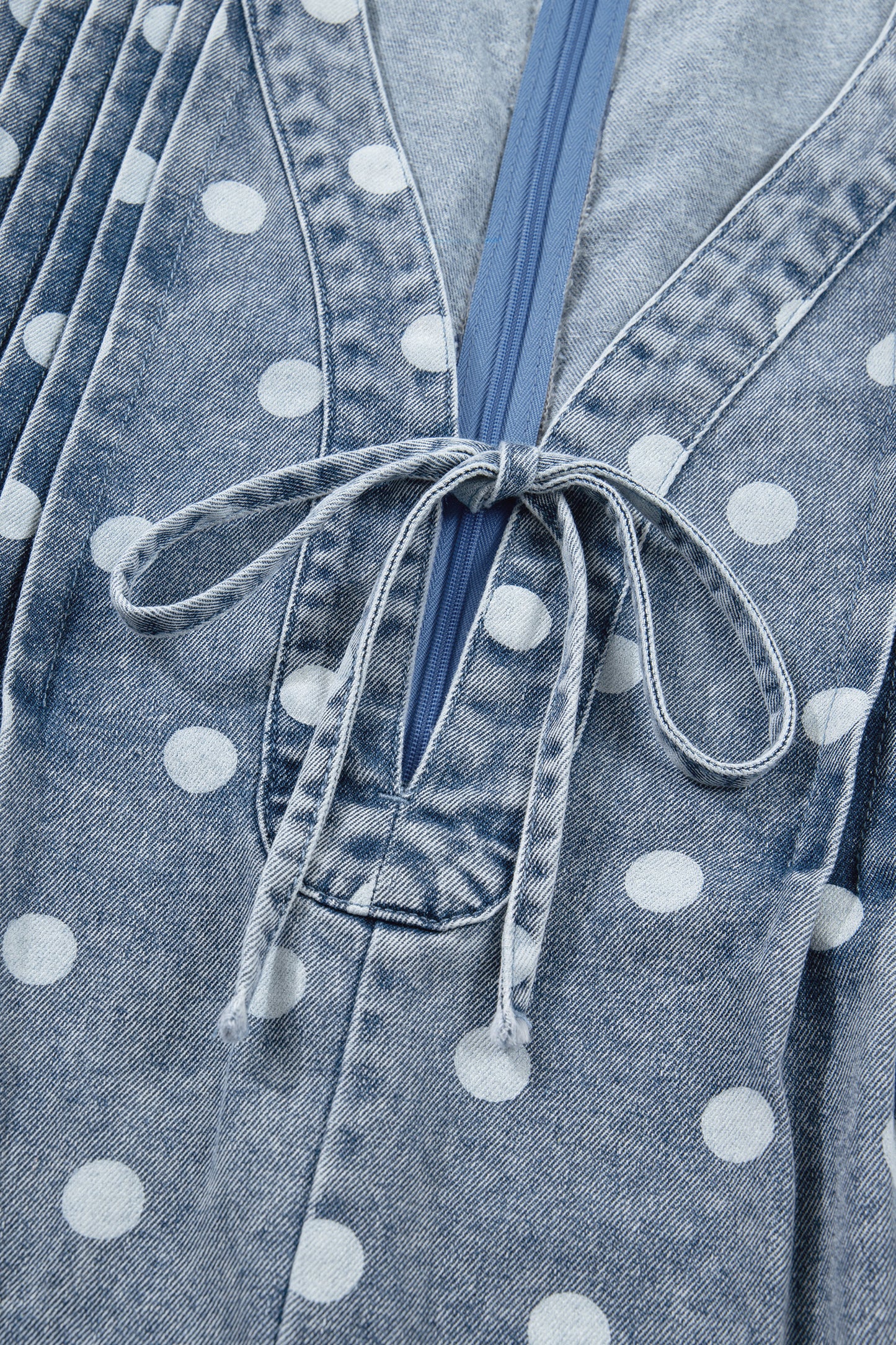 Sky Blue Polka Dot Print Tie V Neck Pleated Loose Denim Romper-Bottoms/Jumpsuits & Rompers-[Adult]-[Female]-2022 Online Blue Zone Planet