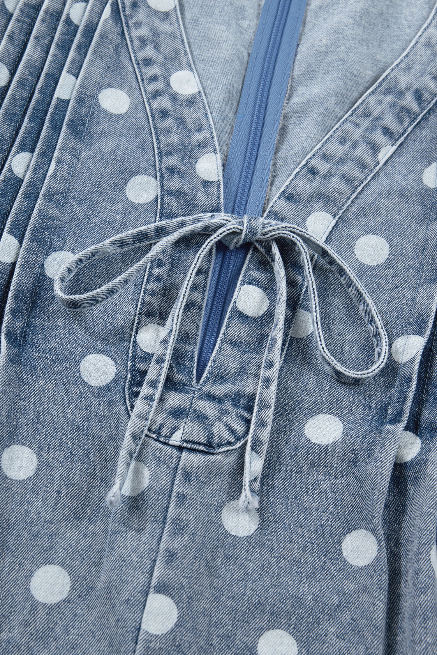 Sky Blue Polka Dot Print Tie V Neck Pleated Loose Denim Romper-Bottoms/Jumpsuits & Rompers-[Adult]-[Female]-2022 Online Blue Zone Planet