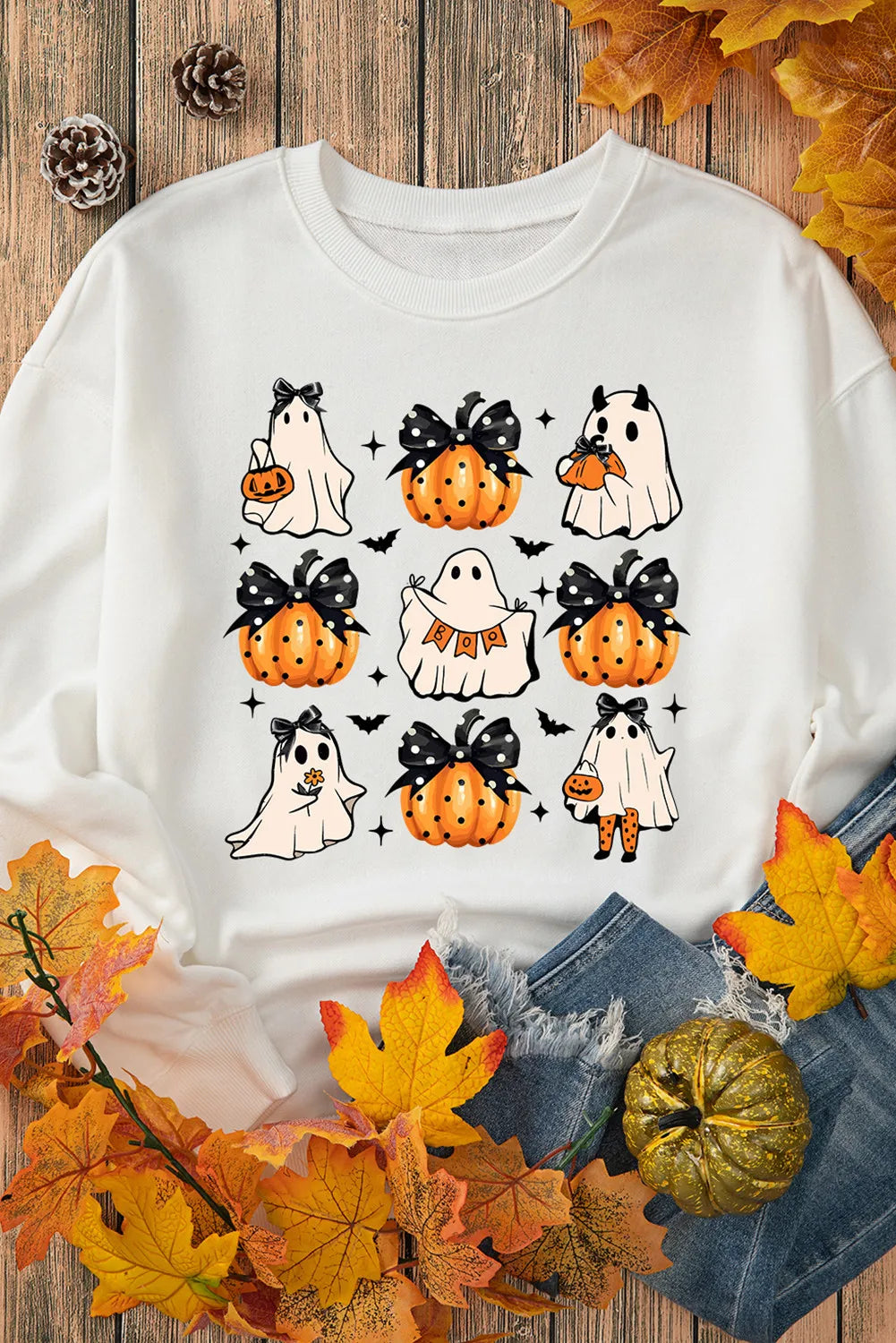 Pumpkin & Ghost Round Neck Long Sleeve Sweatshirt-TOPS / DRESSES-[Adult]-[Female]-2022 Online Blue Zone Planet