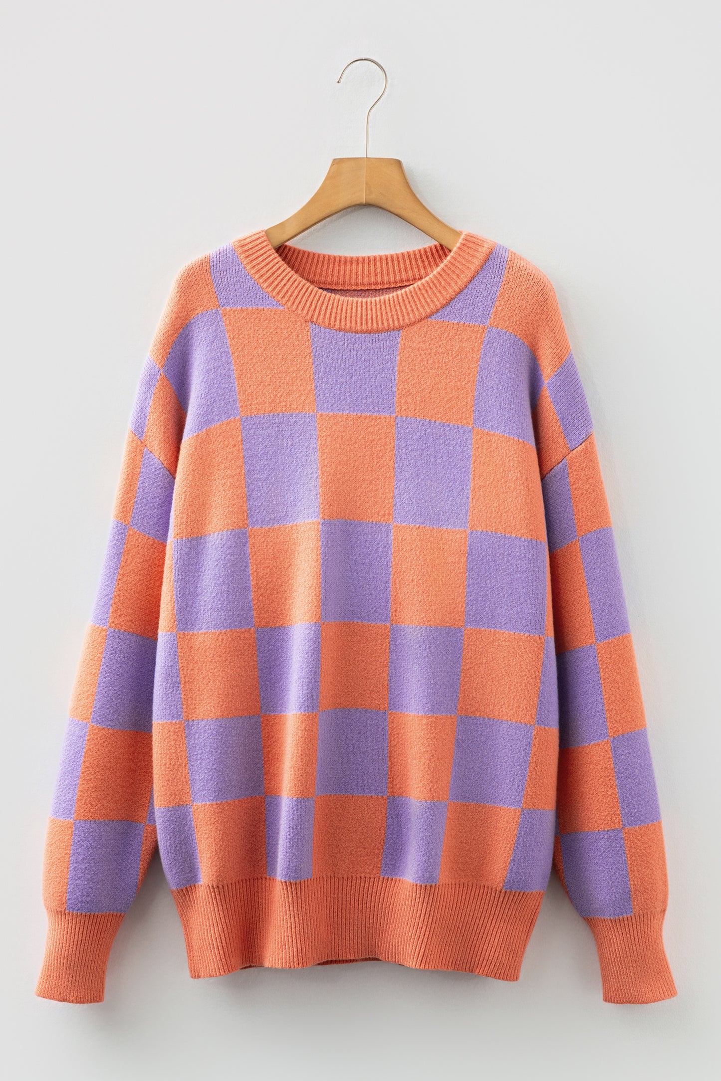 Grapefruit Orange Checkered Pattern Ribbed Trim Knit Baggy Sweater-TOPS / DRESSES-[Adult]-[Female]-2022 Online Blue Zone Planet
