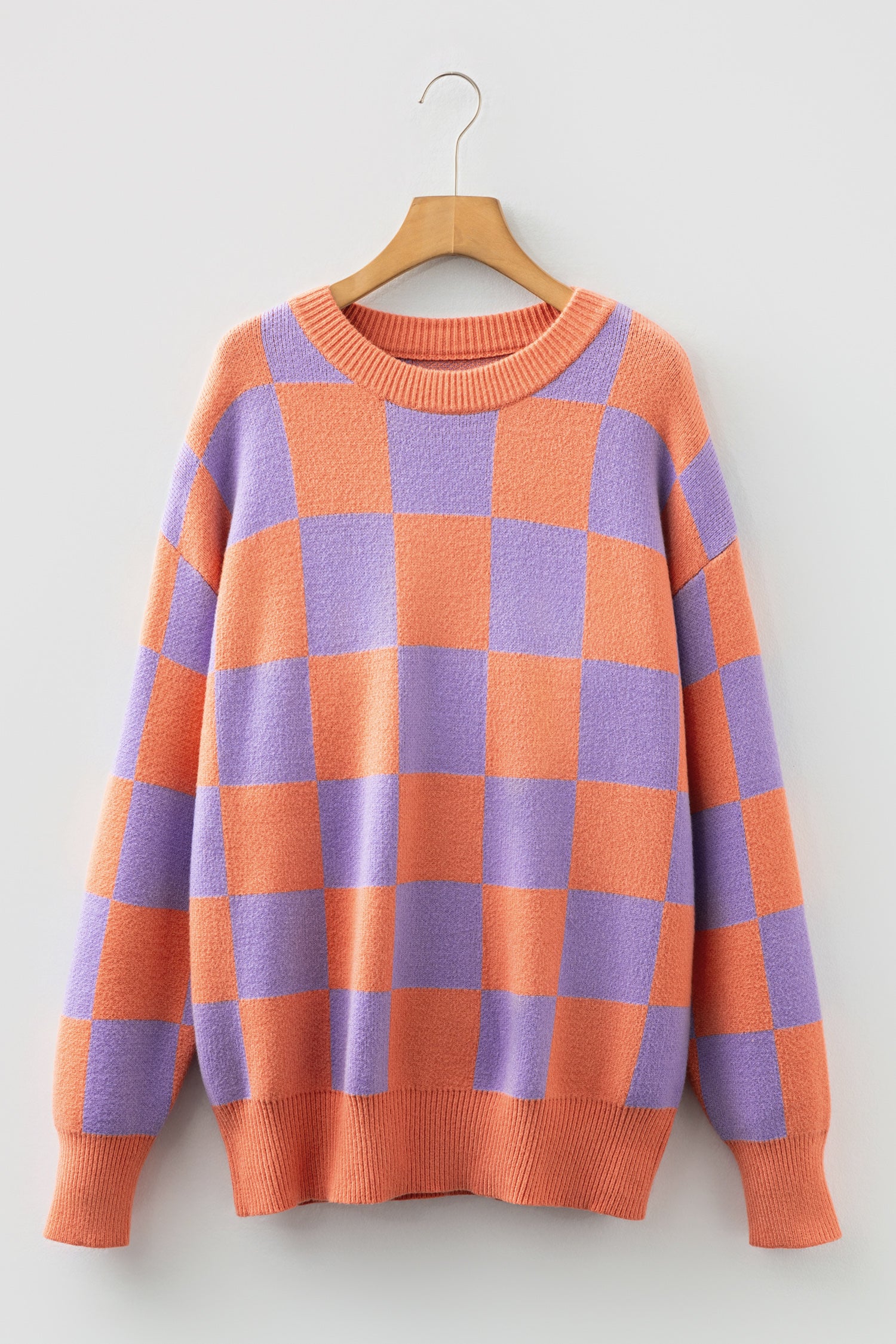 Grapefruit Orange Checkered Pattern Ribbed Trim Knit Baggy Sweater-TOPS / DRESSES-[Adult]-[Female]-2022 Online Blue Zone Planet