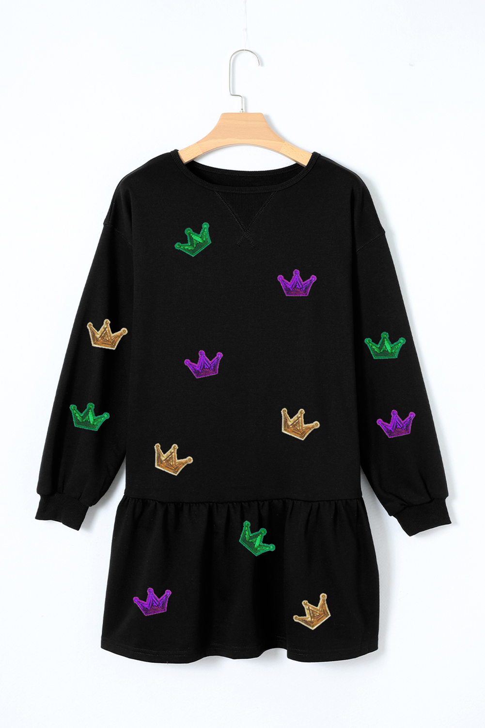 Black Mardi Gras Crown Patched Long Sleeve Ruffle Hem Dress-Graphic Apparel-[Adult]-[Female]-2022 Online Blue Zone Planet