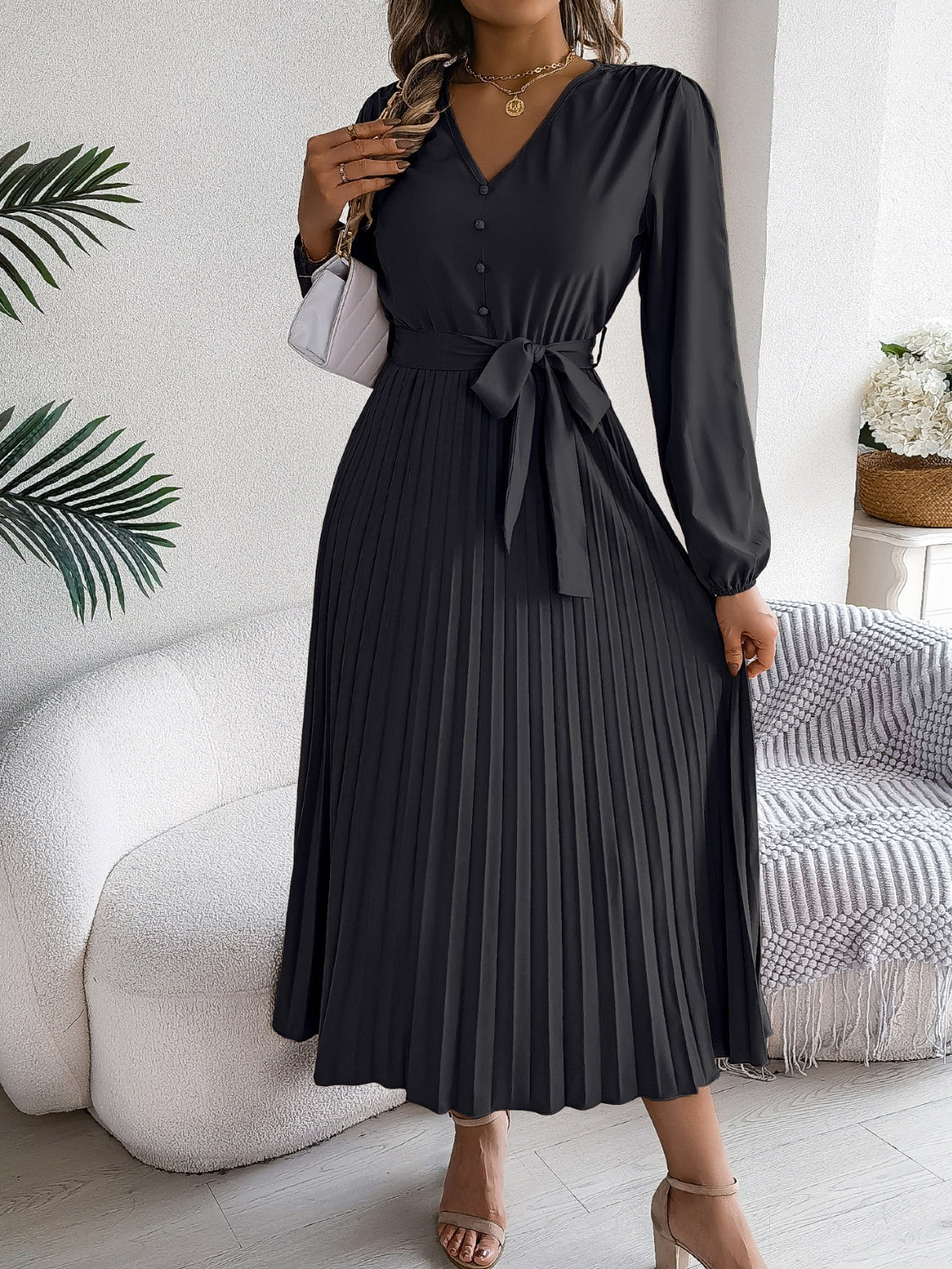 Pleated Tied V-Neck Long Sleeve Dress-TOPS / DRESSES-[Adult]-[Female]-2022 Online Blue Zone Planet