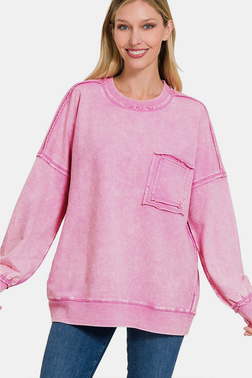 Blue Zone Planet | Zenana Exposed Seam Round Neck Dropped Shoulder Sweatshirt-TOPS / DRESSES-[Adult]-[Female]-MAUVE-S-2022 Online Blue Zone Planet