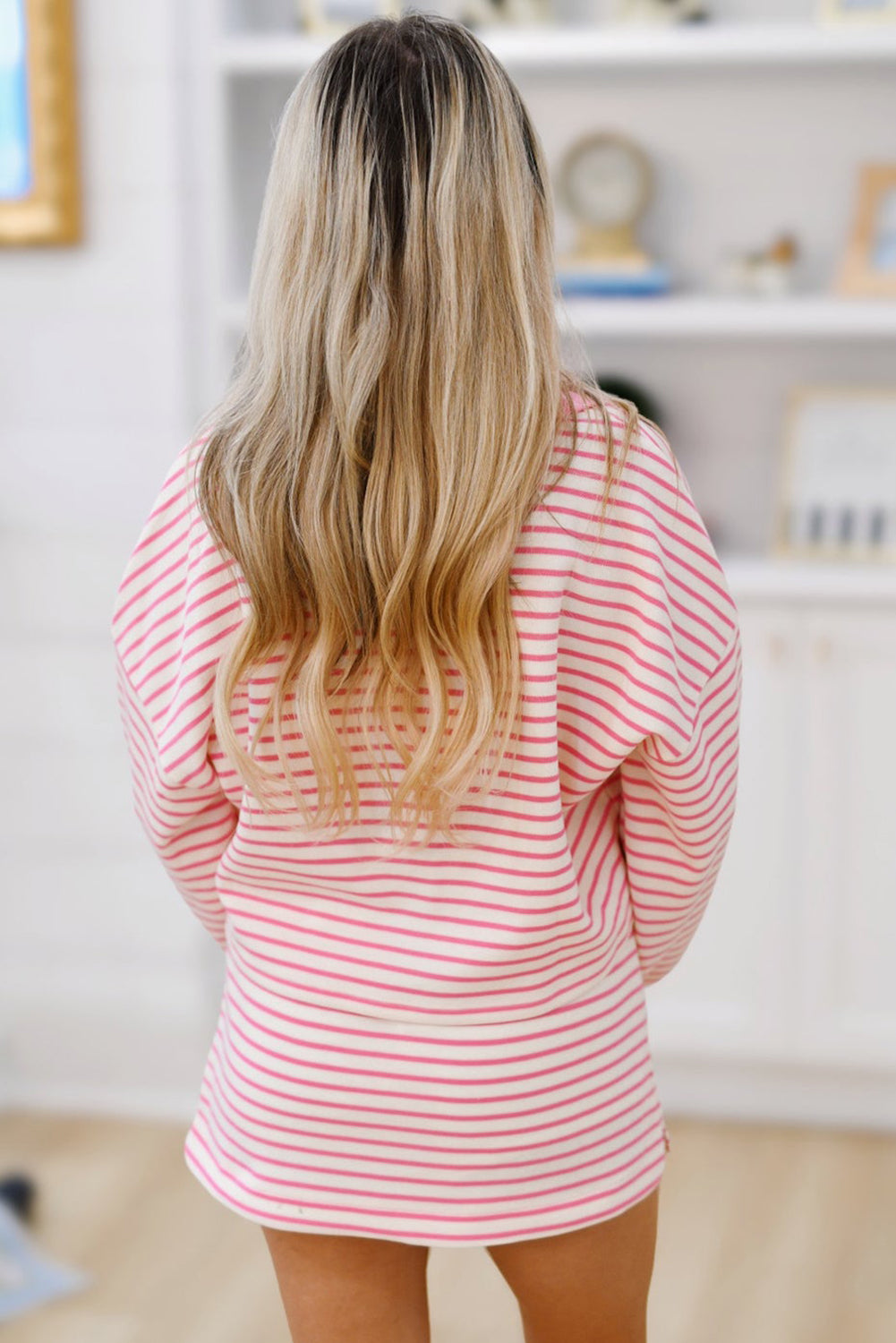 Pink Stripe Collared V Neck Drop Shoulder Pullover And Skort 2Pcs Outfit-Two Piece Sets/Two Piece Dresses-[Adult]-[Female]-2022 Online Blue Zone Planet