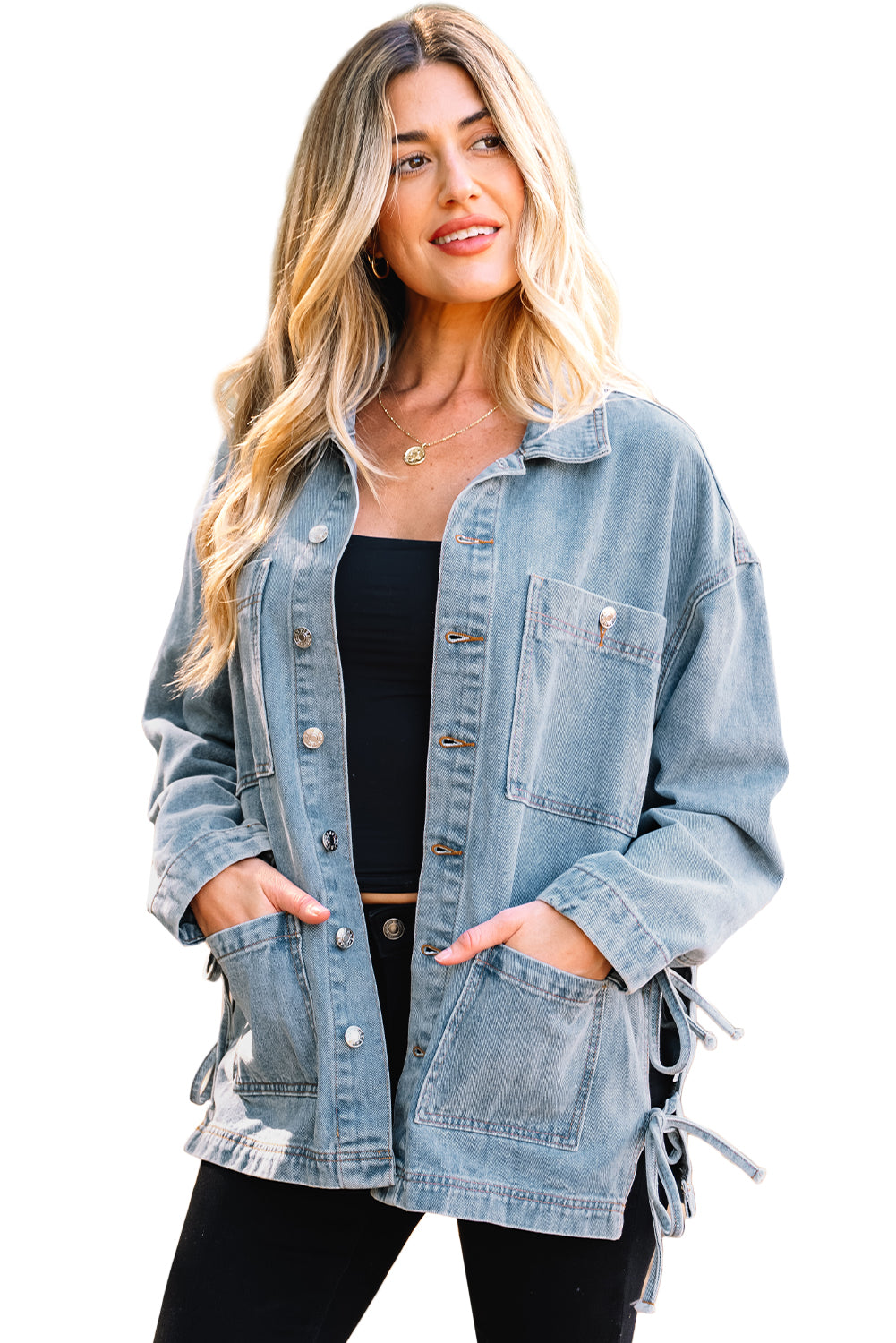 Beau Blue Multi Patched Pockets Side Tie up Boyfriend Style Denim Jacket-Outerwear/Denim jackets-[Adult]-[Female]-2022 Online Blue Zone Planet