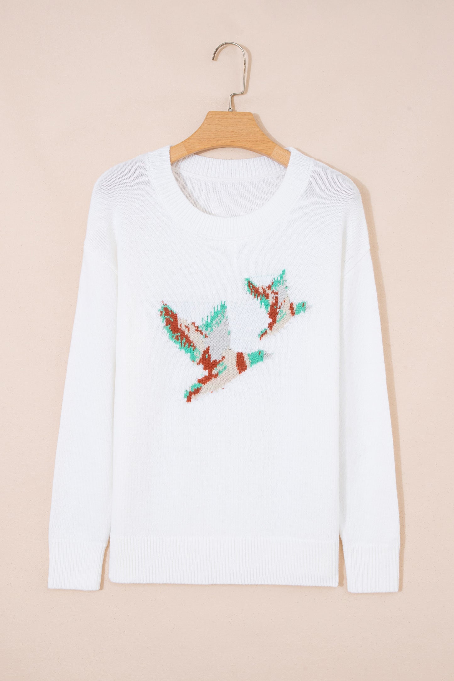 White Retro Flying Mallard Pattern Drop Shoulder Pullover Sweater-TOPS / DRESSES-[Adult]-[Female]-2022 Online Blue Zone Planet