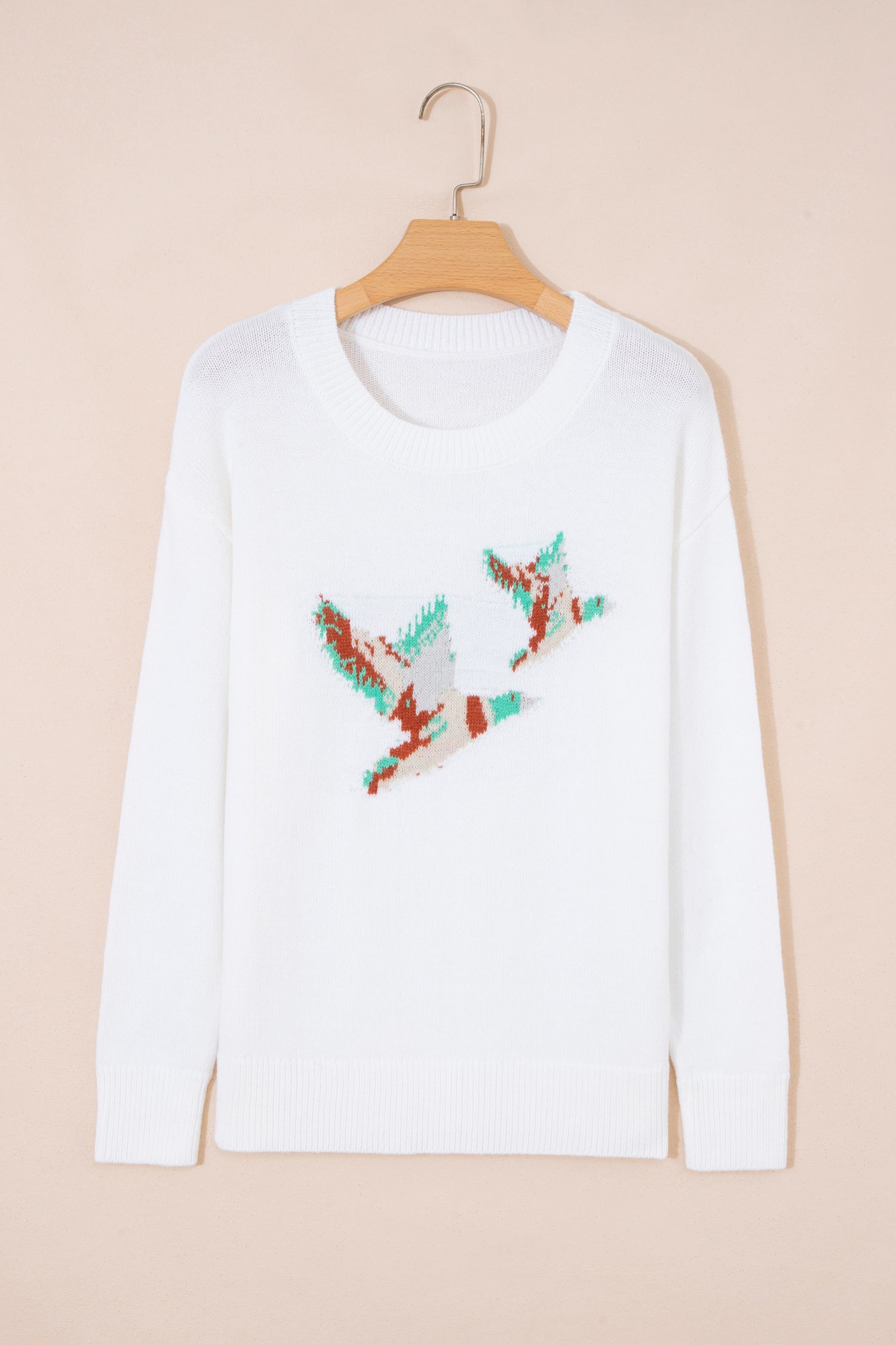 White Retro Flying Mallard Pattern Drop Shoulder Pullover Sweater-TOPS / DRESSES-[Adult]-[Female]-2022 Online Blue Zone Planet