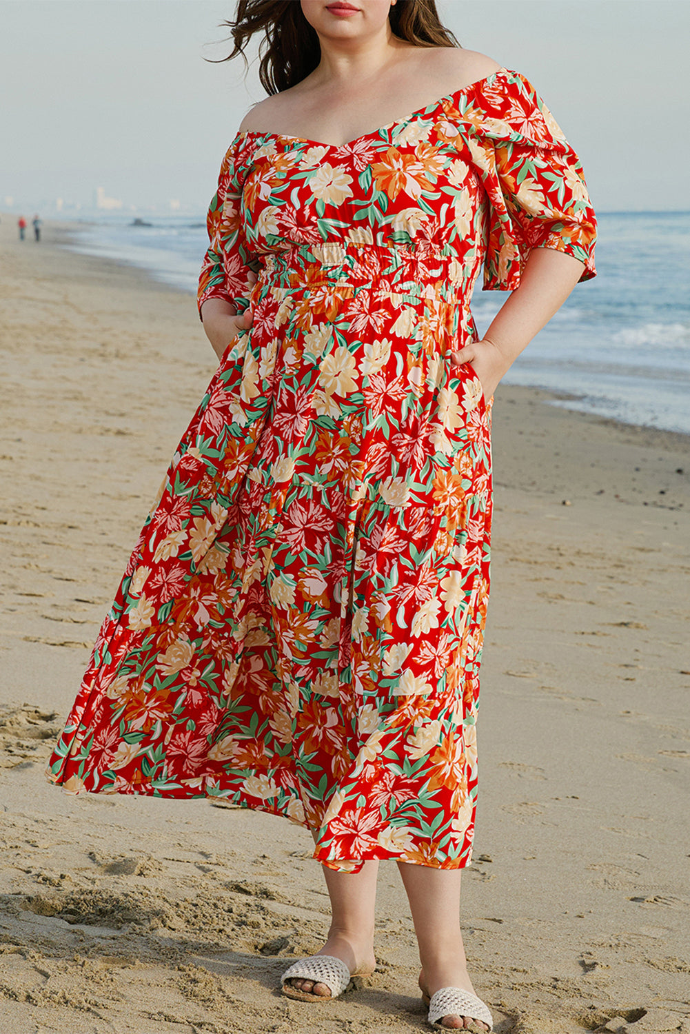 Orange Plus Size Floral V Neck Cinched Waist Maxi Dress-Plus Size Dresses-[Adult]-[Female]-2022 Online Blue Zone Planet