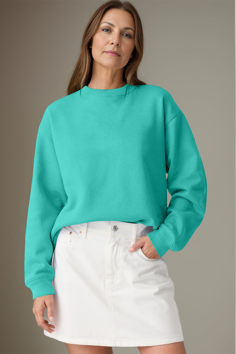 Blue Zone Planet | Round Neck Long Sleeve Sweatshirt-TOPS / DRESSES-[Adult]-[Female]-Turquoise-S-2022 Online Blue Zone Planet