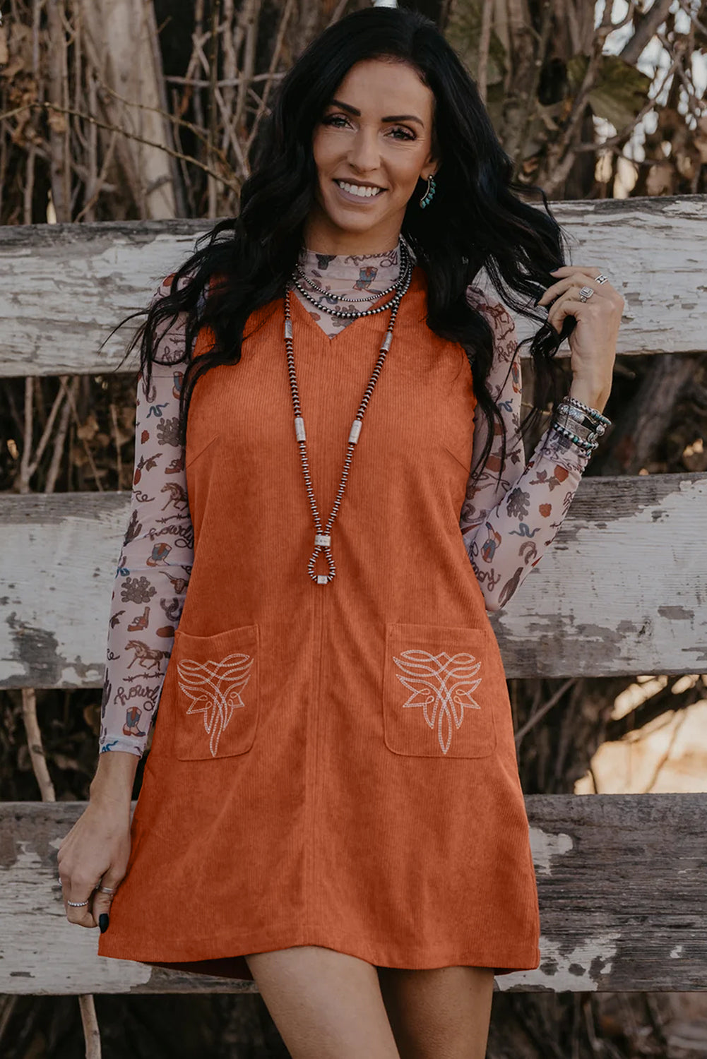 Gold Flame Corduroy Western Embroidered Patched Pocket Shift Sleeveless Mini Dress-Dresses/Mini Dresses-[Adult]-[Female]-2022 Online Blue Zone Planet