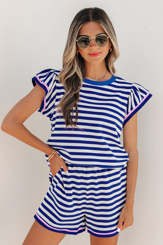 Blue Stripe Contrast Trim Cap Sleeve Top Casual Shorts 2pcs Set-Two Piece Sets/Short Sets-[Adult]-[Female]-Blue Stripe-S-2022 Online Blue Zone Planet