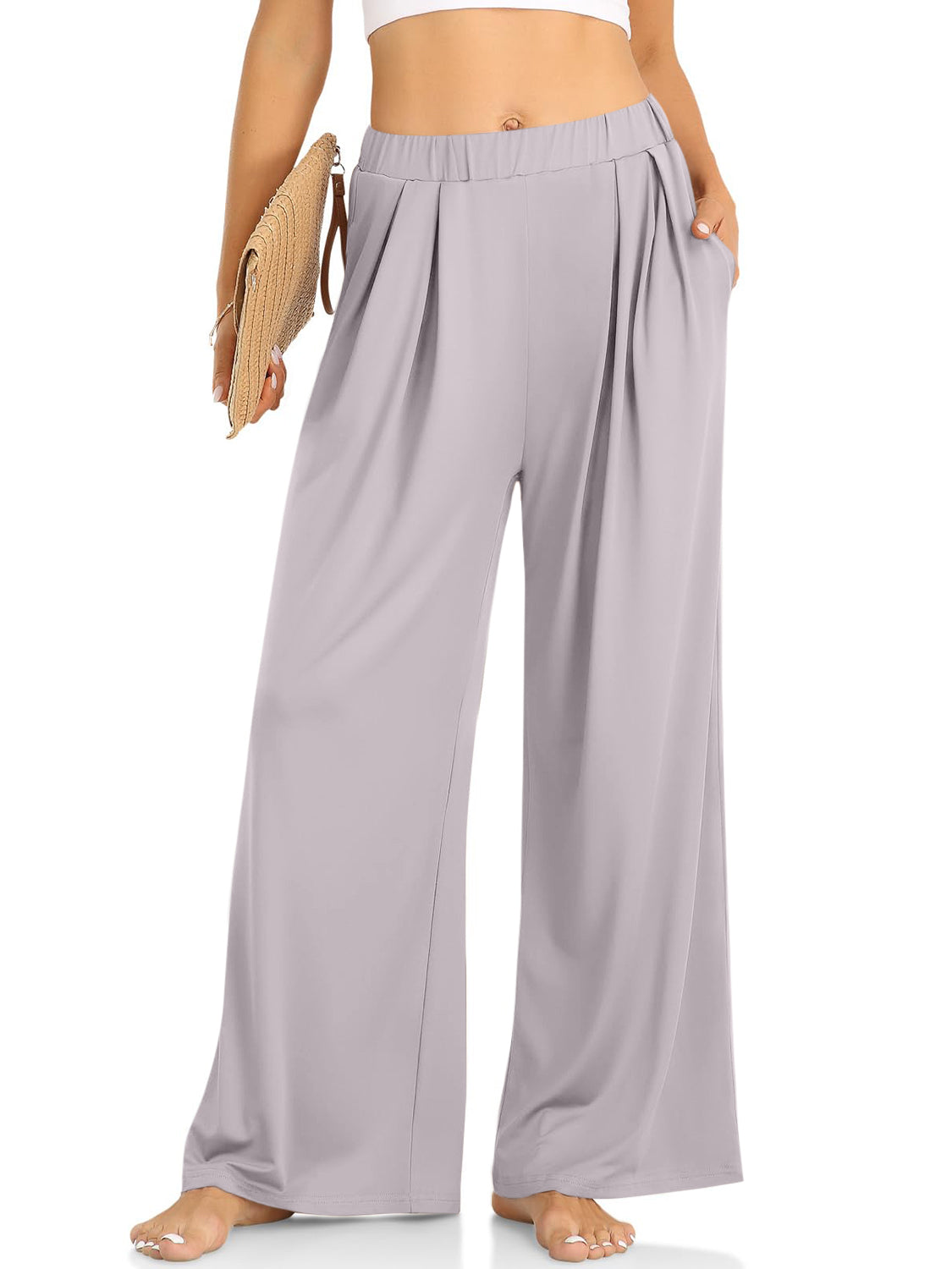 Elastic Waist Wide Leg Pants-BOTTOMS SIZES SMALL MEDIUM LARGE-[Adult]-[Female]-Light Gray-XS-2022 Online Blue Zone Planet