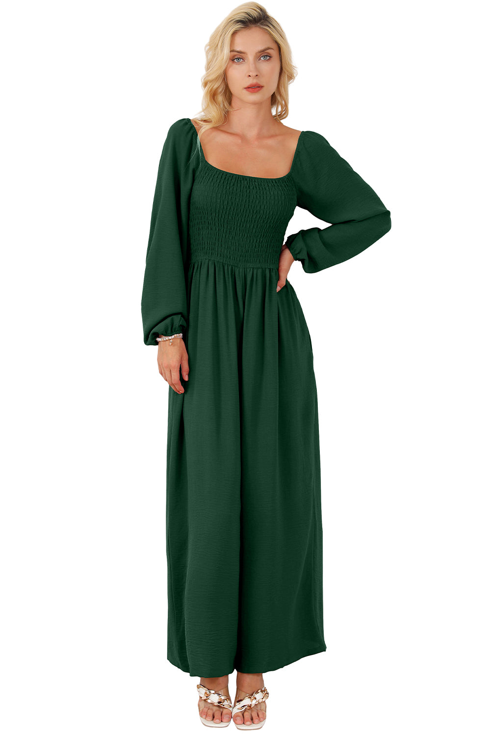 Green Smocked Square Neck Long Sleeve Wide Leg Jumpsuit-Jumpsuits-[Adult]-[Female]-2022 Online Blue Zone Planet