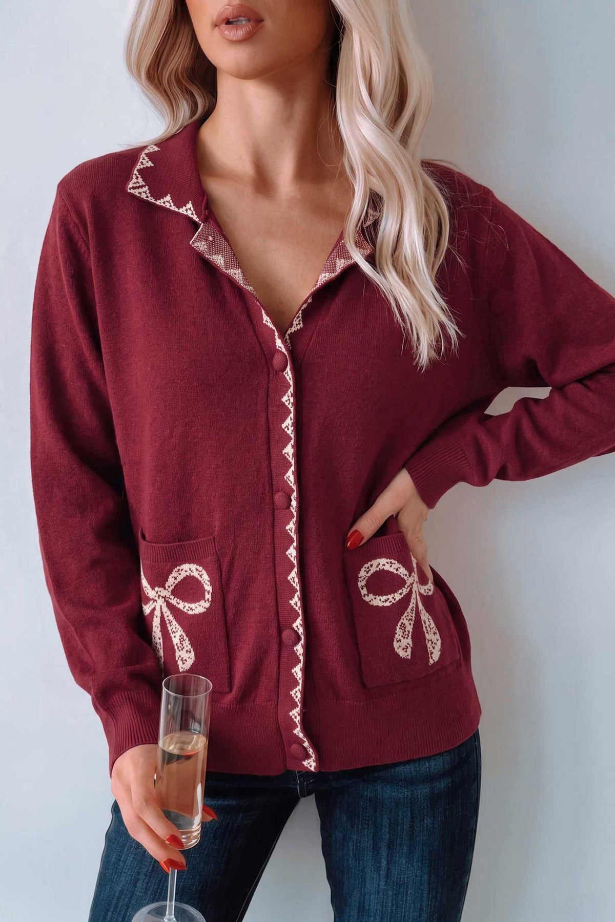 Burgundy Bow Pocket Collar Long Sleeve Knit Cardigan-Sweaters & Cardigans/Cardigans-[Adult]-[Female]-2022 Online Blue Zone Planet