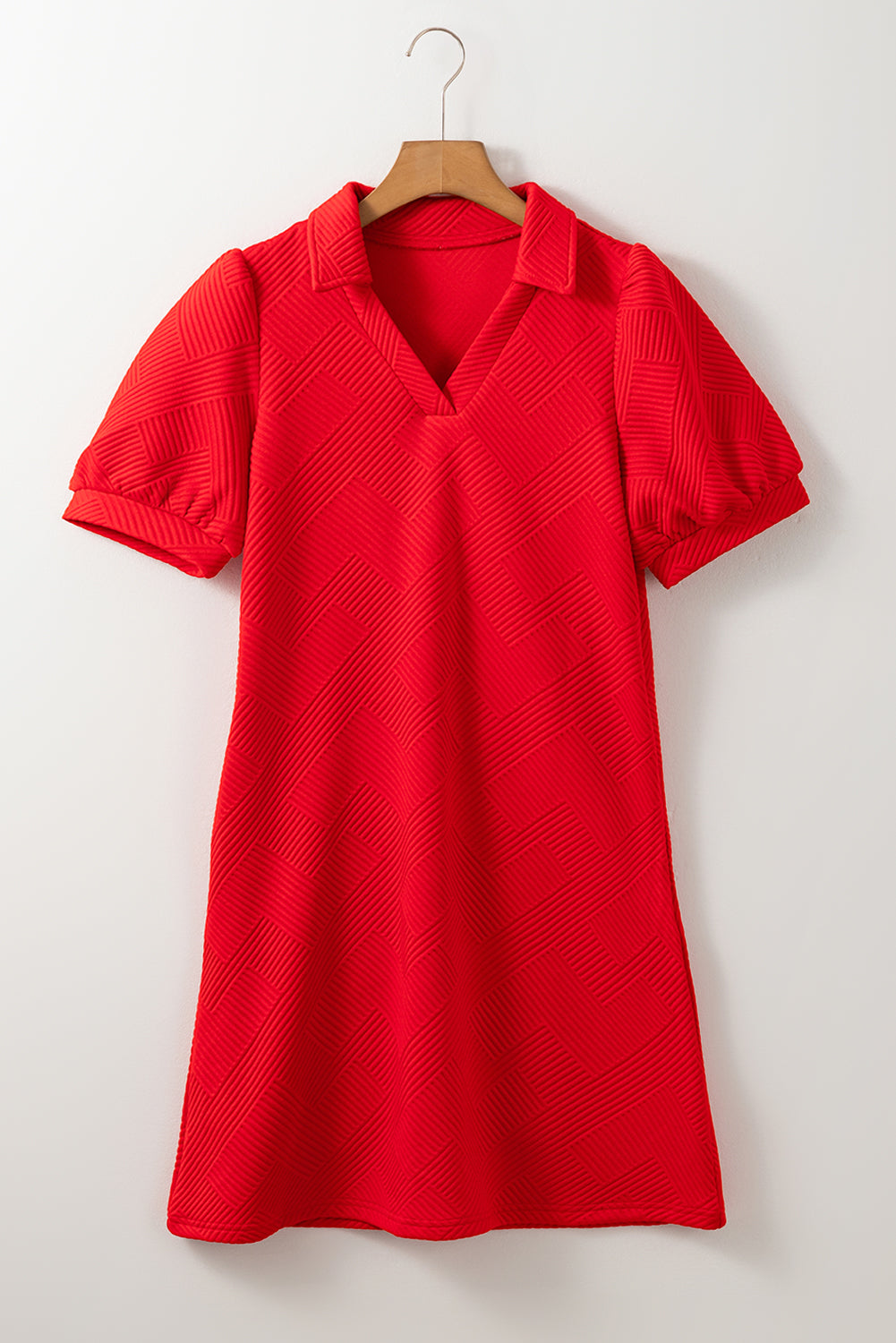 Blue Zone Planet |  Fiery Red V Neck Puff Sleeve Textured Mini Dress