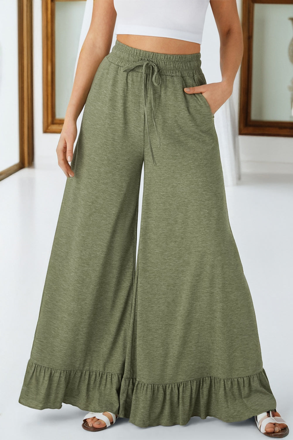 DUNE Ruffled Wide Leg Pull On High Waist Pants with Pockets-Bottoms/Pants & Culotte-[Adult]-[Female]-Jungle Green-S-2022 Online Blue Zone Planet