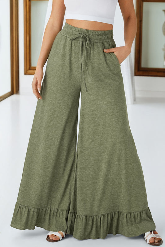 DUNE Ruffled Wide Leg Pull On High Waist Pants with Pockets-Bottoms/Pants & Culotte-[Adult]-[Female]-Jungle Green-S-2022 Online Blue Zone Planet