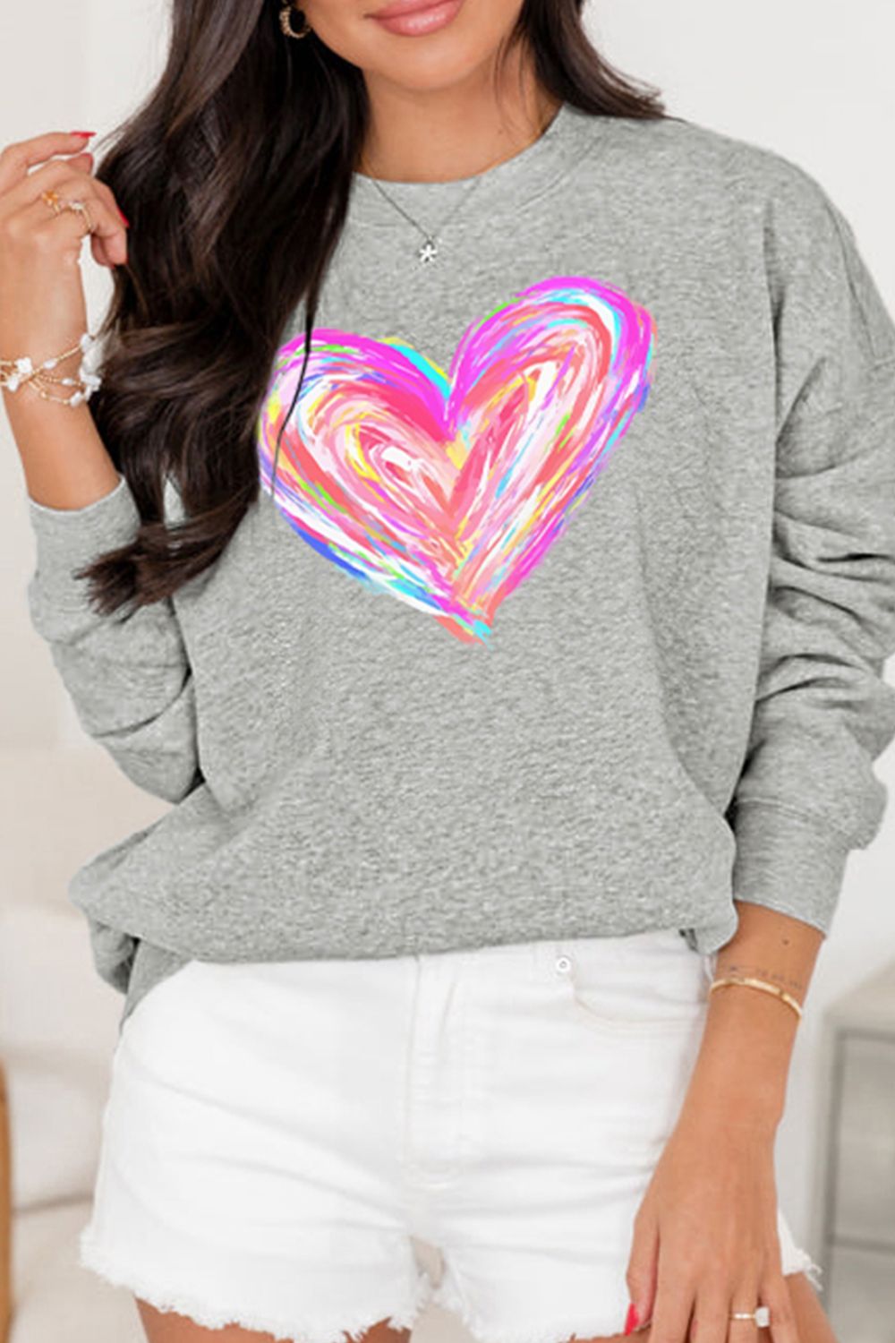 Valentine’s Day Heart Round Neck Drop Shoulder Sweatshirt-TOPS / DRESSES-[Adult]-[Female]-2022 Online Blue Zone Planet