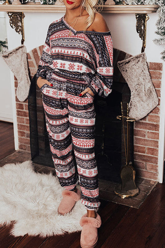 Black Retro Christmas Pattern Loose Pullover 2pcs Lounge Pant Set-Loungewear & Sleepwear/Loungewear-[Adult]-[Female]-Black-S-2022 Online Blue Zone Planet
