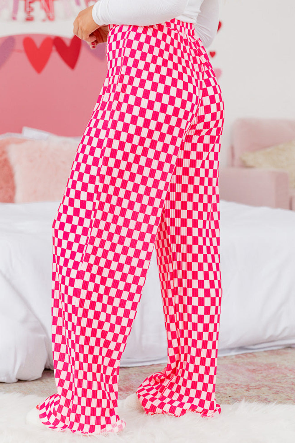 Pink Checkered Buttoned Shirt and High Waist Pants Pajama Set-Loungewear & Sleepwear/Sleepwear-[Adult]-[Female]-2022 Online Blue Zone Planet