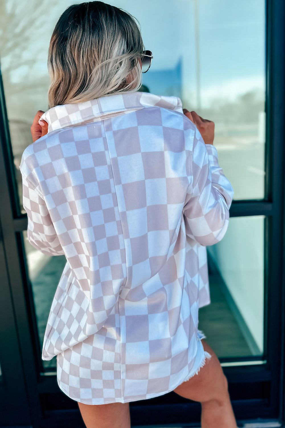 Khaki Checkerboard Flap Pocket Button Front Shacket-Outerwear/Plaid Shackets-[Adult]-[Female]-2022 Online Blue Zone Planet