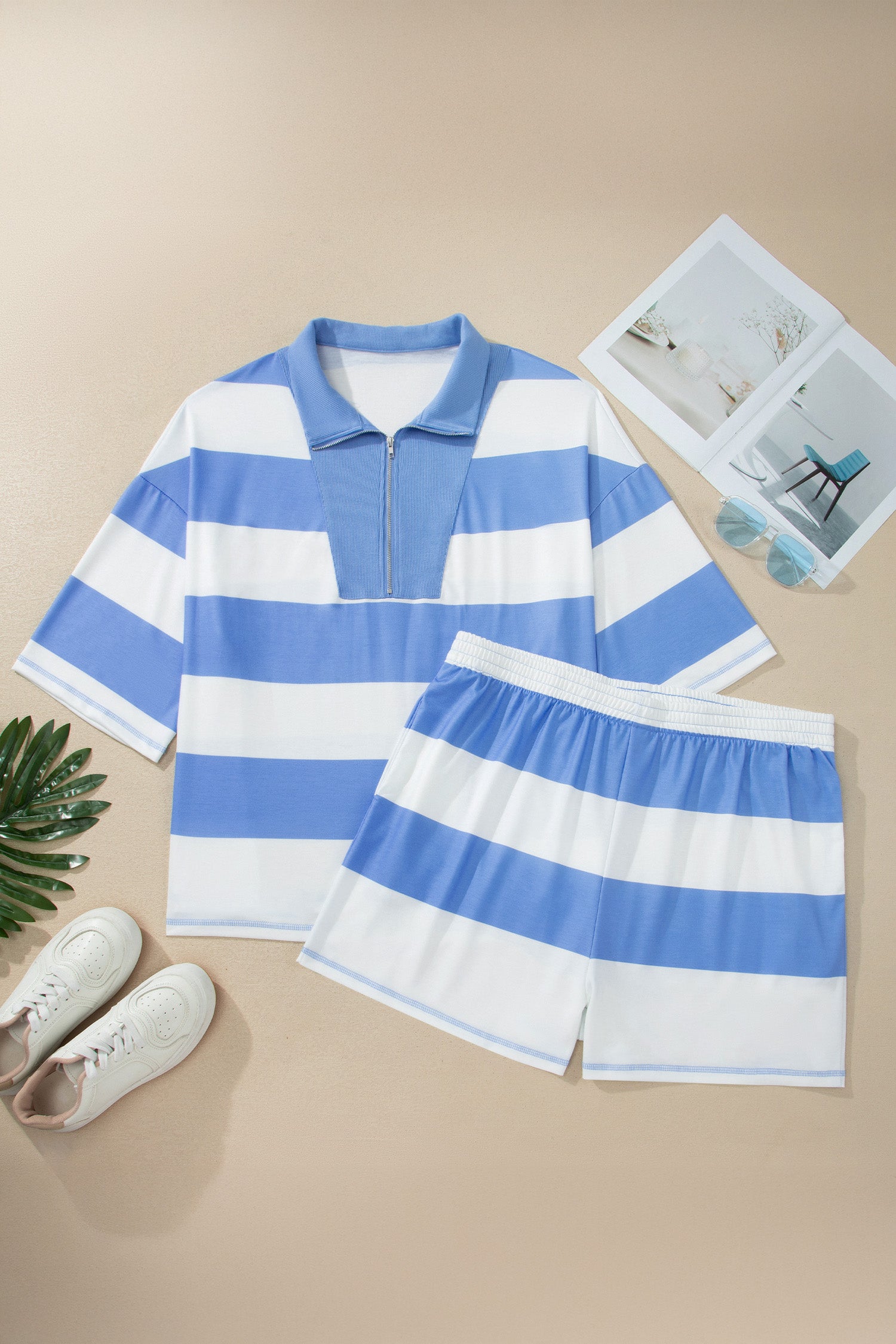 Sky Blue Stripe Drop Shoulder Zipped Collar T Shirt Plus Size Shorts Set-Plus Size/Plus Size Loungewear-[Adult]-[Female]-2022 Online Blue Zone Planet