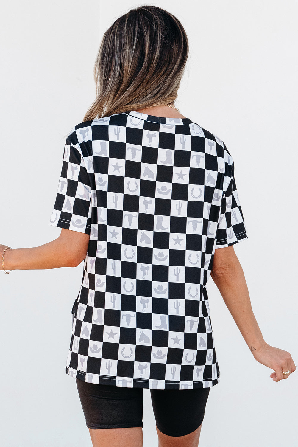 Black Western Fashion Checkerboard Print Side Split T Shirt-Tops/Tops & Tees-[Adult]-[Female]-2022 Online Blue Zone Planet