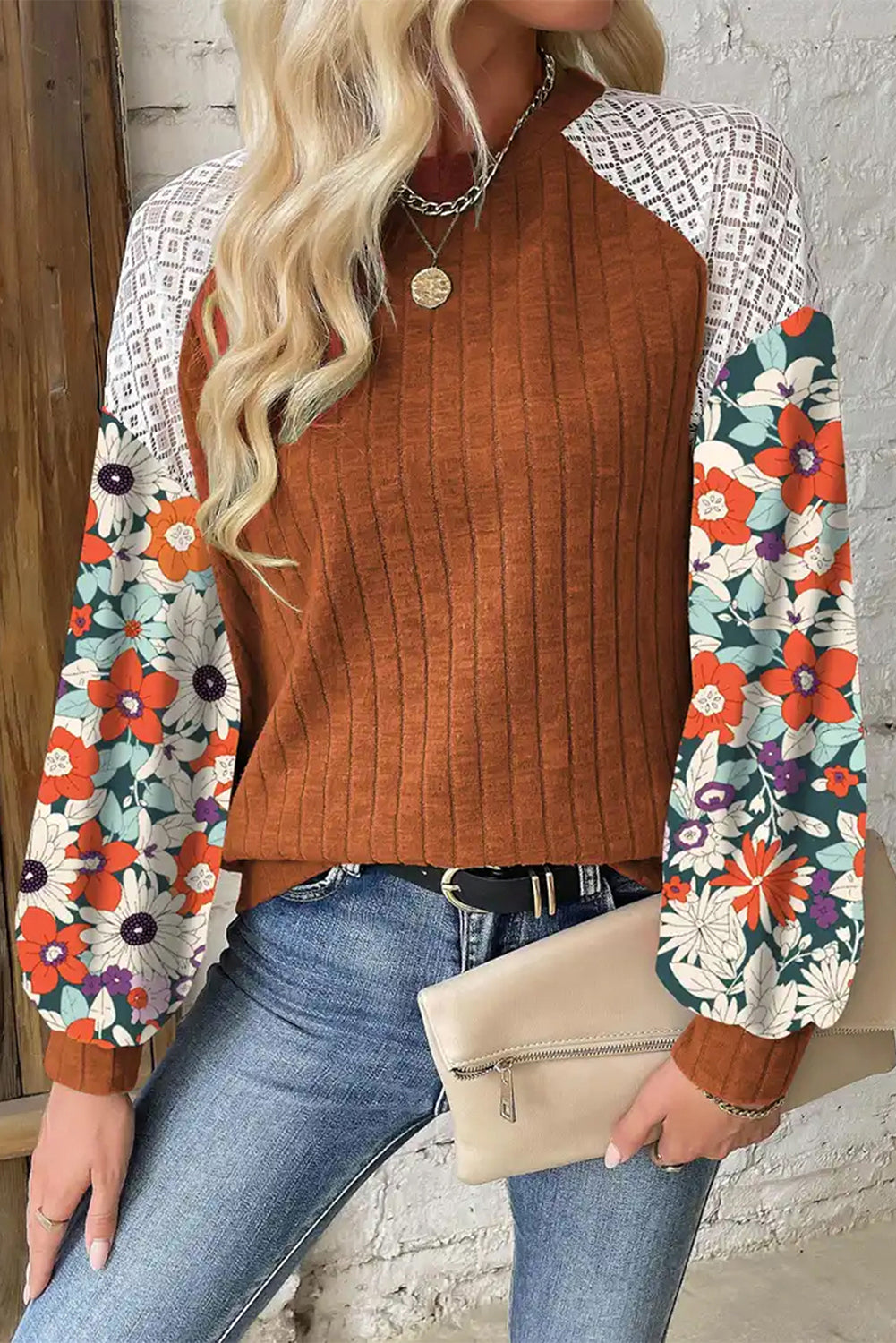 Laurel Green Floral Patchwork Long Sleeve Ribbed Blouse-Tops/Blouses & Shirts-[Adult]-[Female]-2022 Online Blue Zone Planet