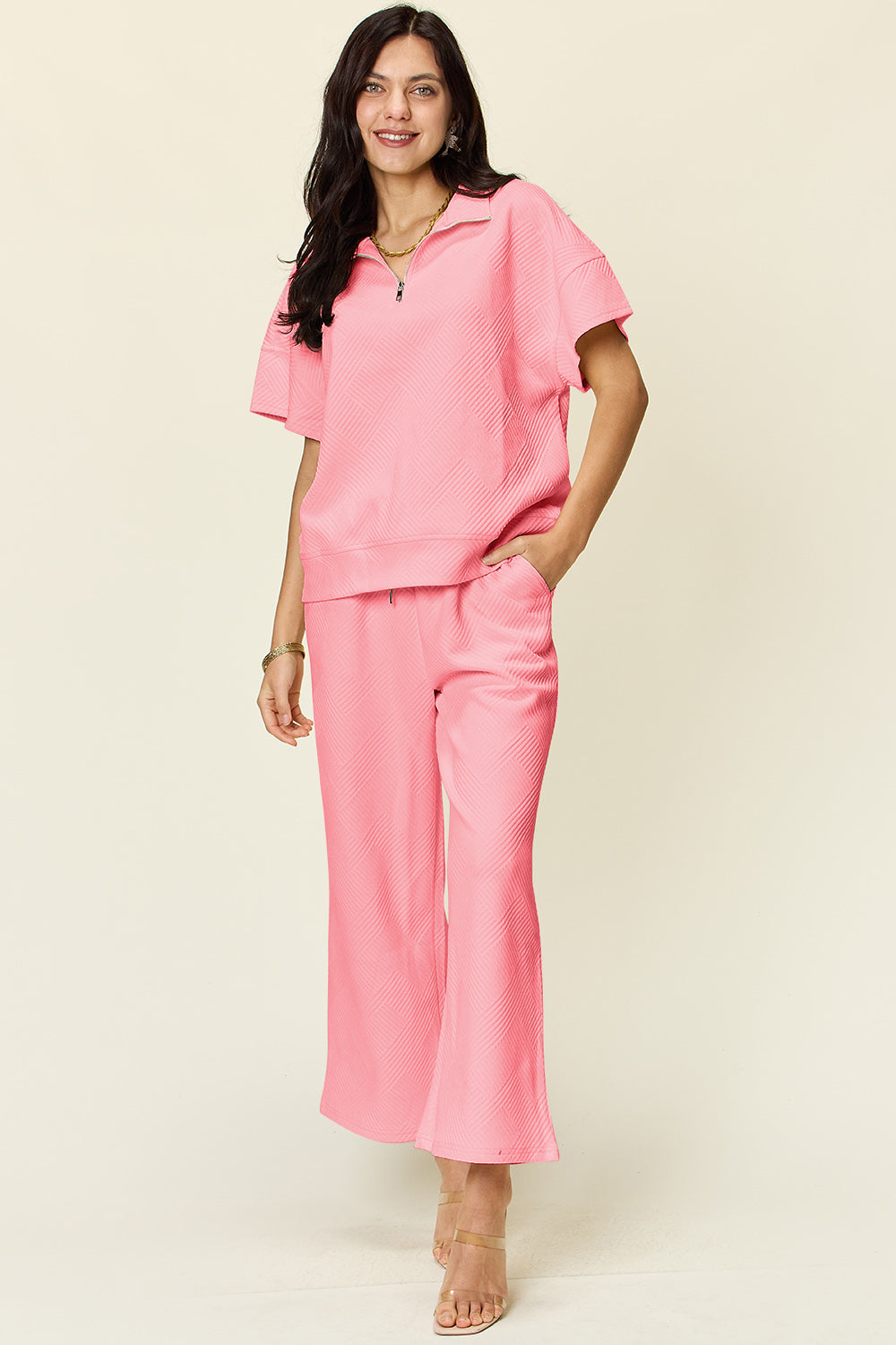 Blue Zone Planet | Double Take Full Size Texture Half Zip Short Sleeve Top and Pants Set-TOPS / DRESSES-[Adult]-[Female]-Pink-S-2022 Online Blue Zone Planet