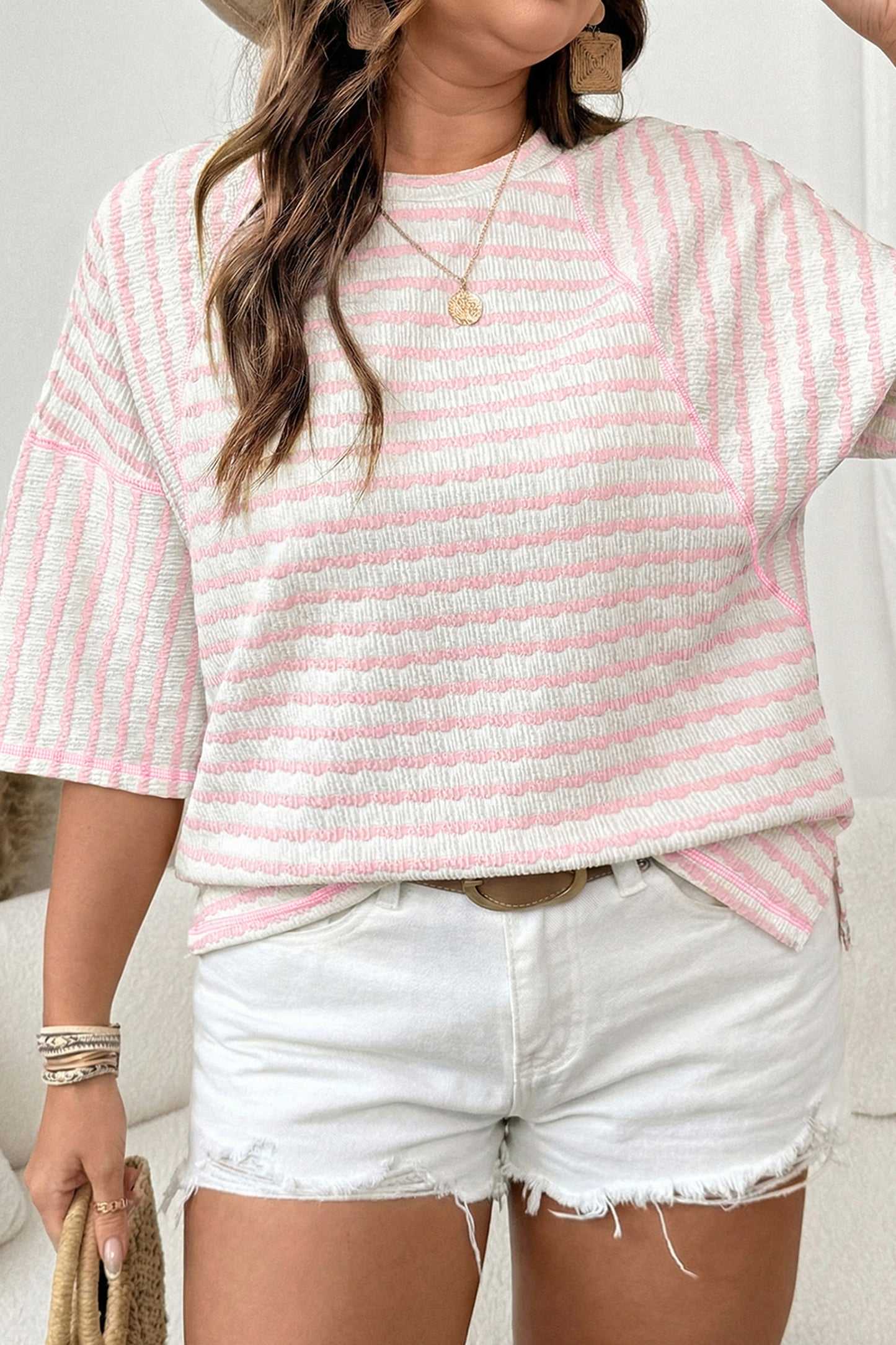 Apricot Stripe Plus Size Textured Patchwork Detail Half Sleeve Top-Plus Size/Plus Size Tops/Plus Size Tops & Tees-[Adult]-[Female]-Pink Stripe-1X-2022 Online Blue Zone Planet