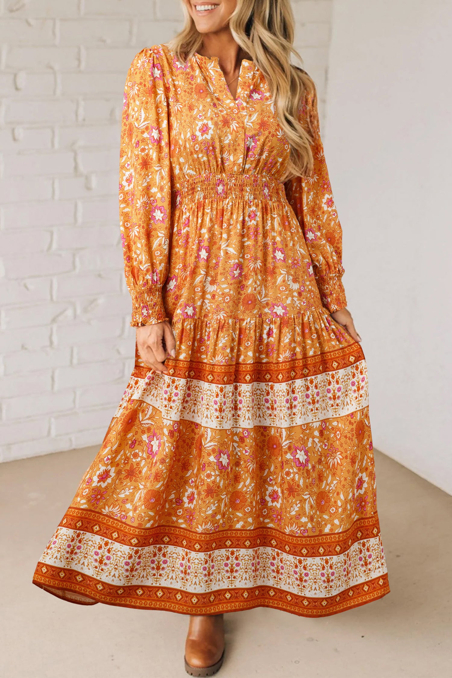 Orange Floral Print Smocked Waist Long Sleeve Boho Maxi Dress-TOPS / DRESSES-[Adult]-[Female]-2022 Online Blue Zone Planet