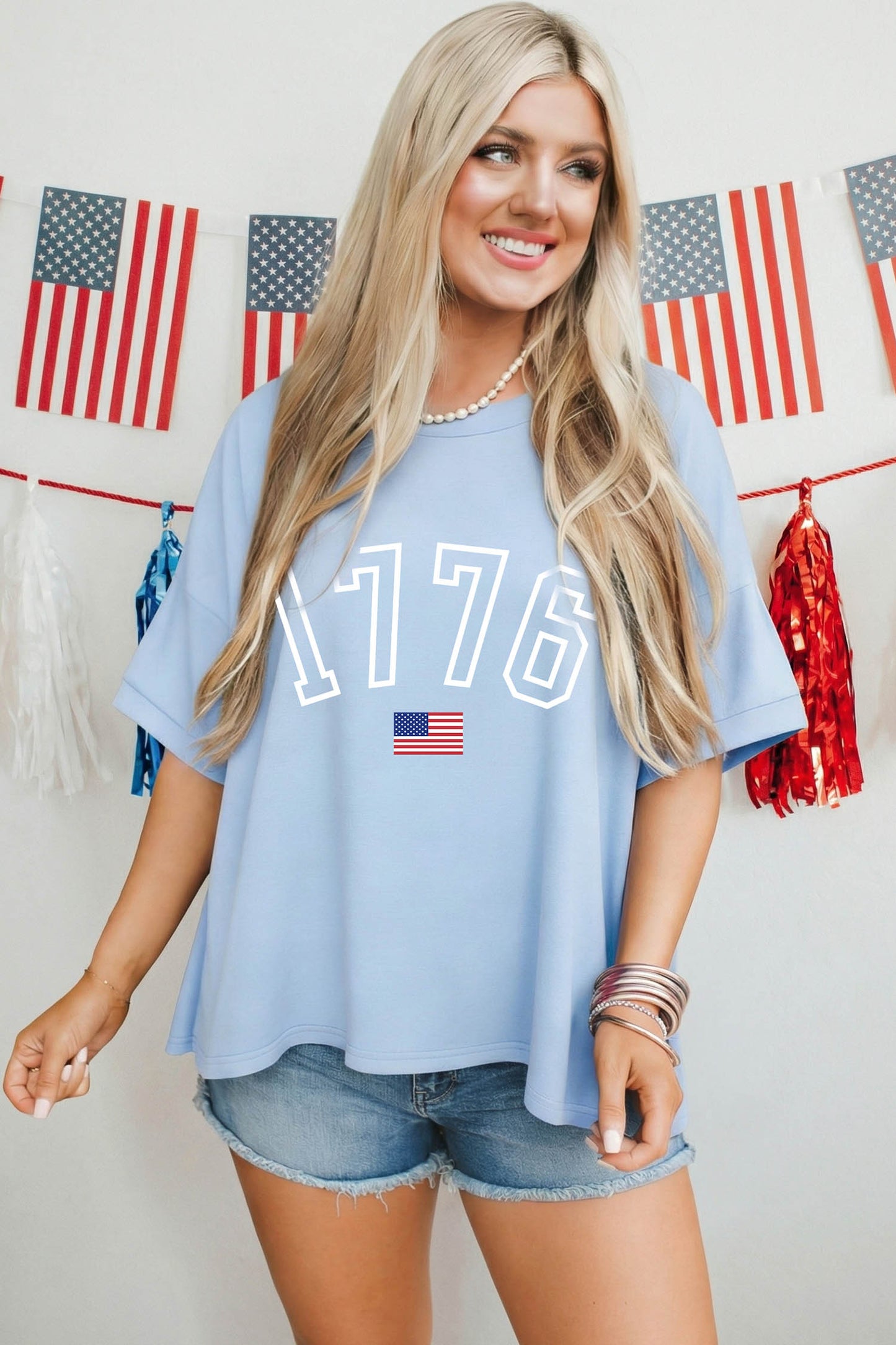 Myosotis 1776 American Flag Print Oversized Tee-Graphic/Graphic Tees-[Adult]-[Female]-2022 Online Blue Zone Planet