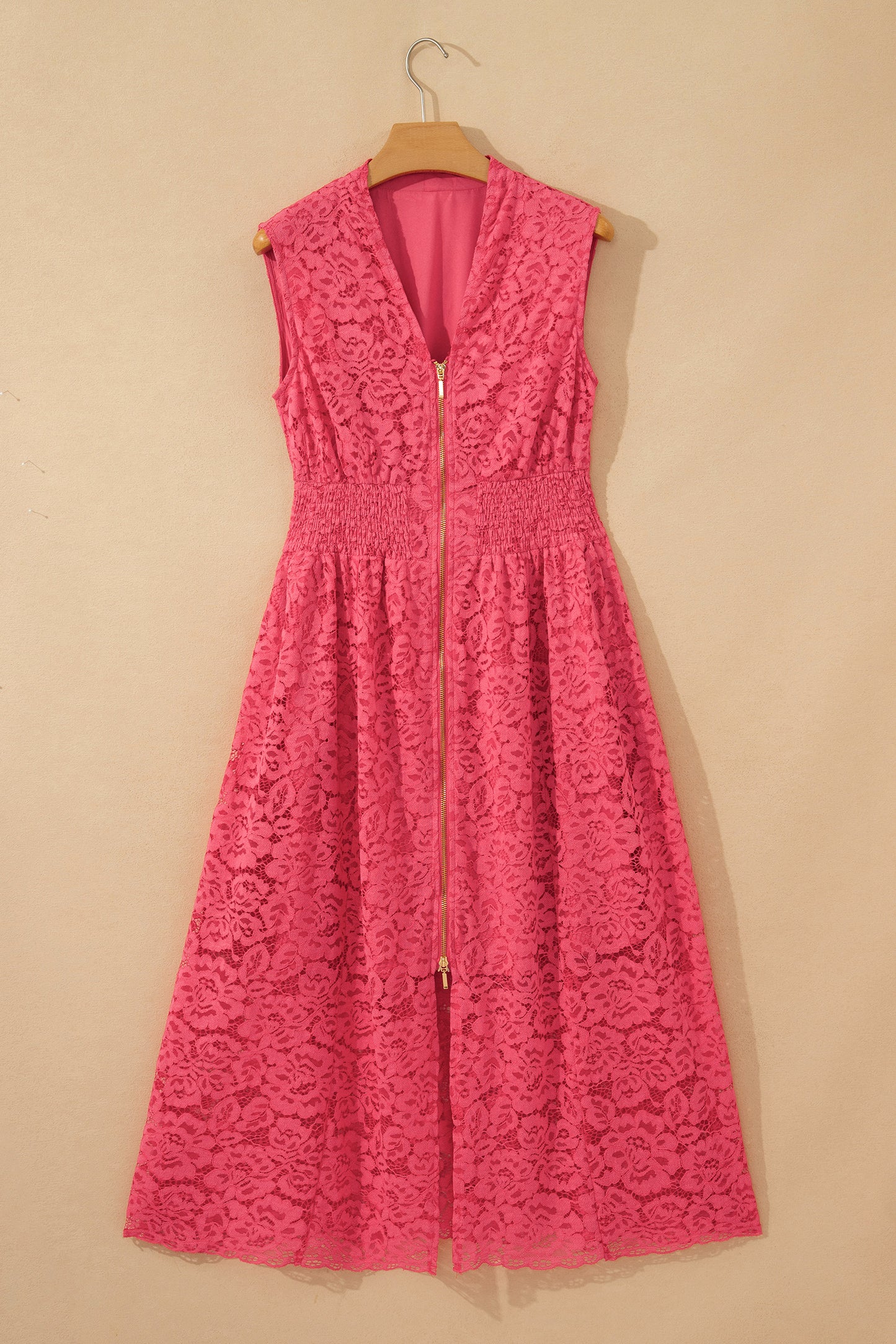 Coral Floral Lace Overlay Zip Up V Neck Smocked Waist Sleeveless Dress-TOPS / DRESSES-[Adult]-[Female]-2022 Online Blue Zone Planet