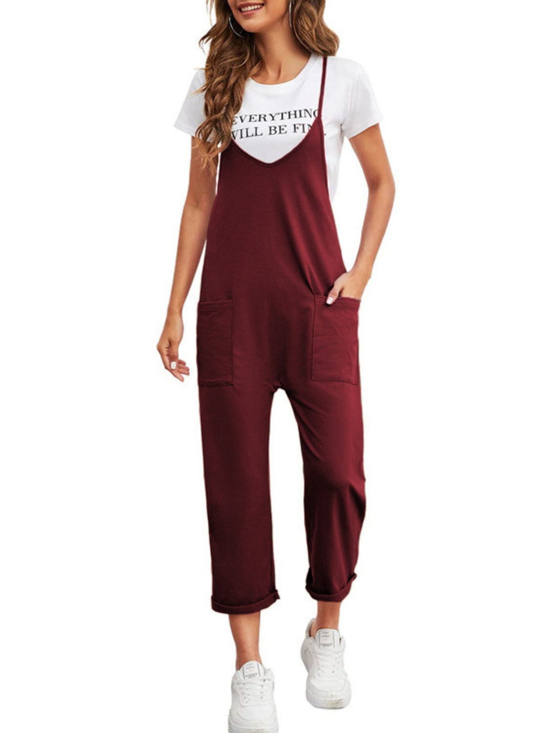 Full Size Spaghetti Strap Straight Leg Jumpsuit with Pockets-[Adult]-[Female]-Deep Red-S-2022 Online Blue Zone Planet