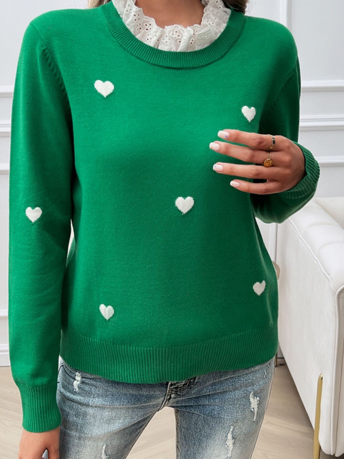 Lace Detail Heart Long Sleeve Sweater-TOPS / DRESSES-[Adult]-[Female]-2022 Online Blue Zone Planet