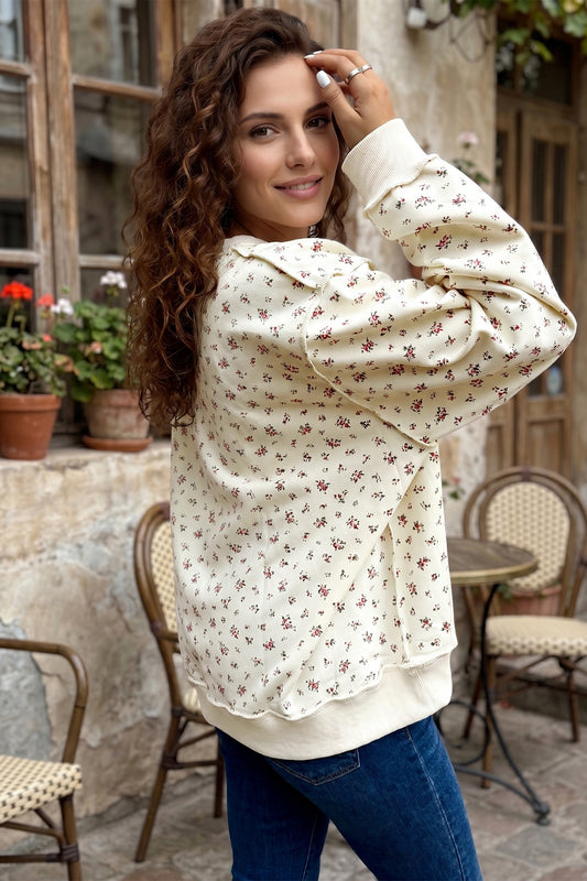 Beige Ribbed High Neck Patchwork Floral Print Baggy Pullover Sweatshirt-Tops/Sweatshirts & Hoodies-[Adult]-[Female]-2022 Online Blue Zone Planet