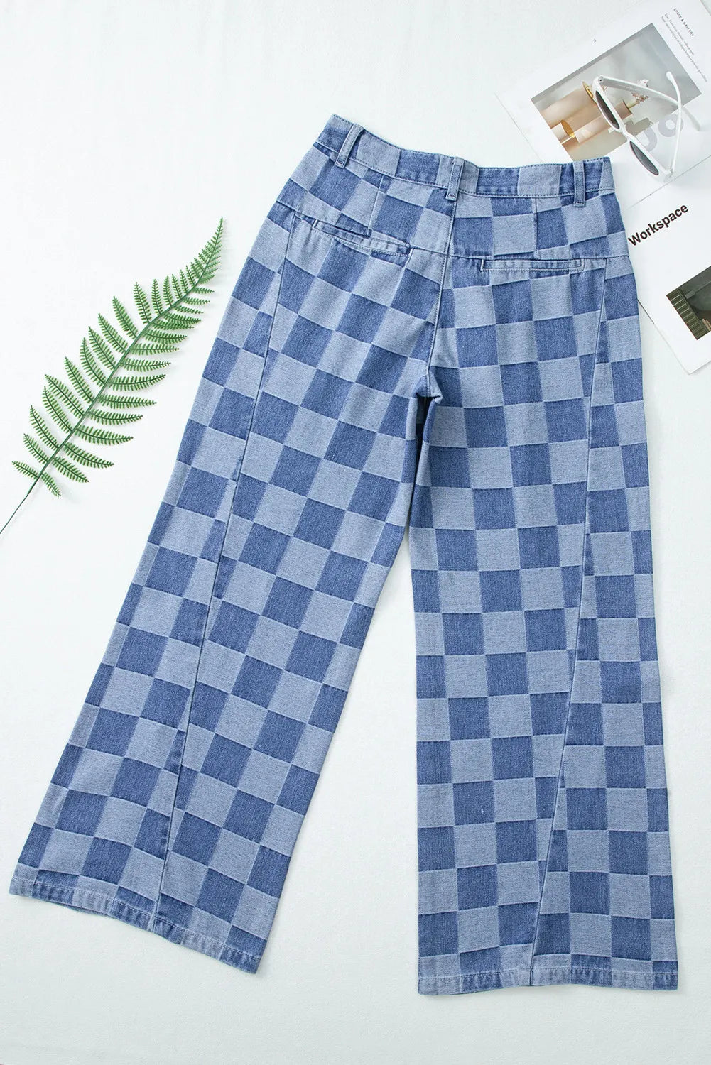 Blue Zone Planet | Checkered Wide Leg Jeans with Pockets-BOTTOMS SIZES SMALL MEDIUM LARGE-[Adult]-[Female]-2022 Online Blue Zone Planet